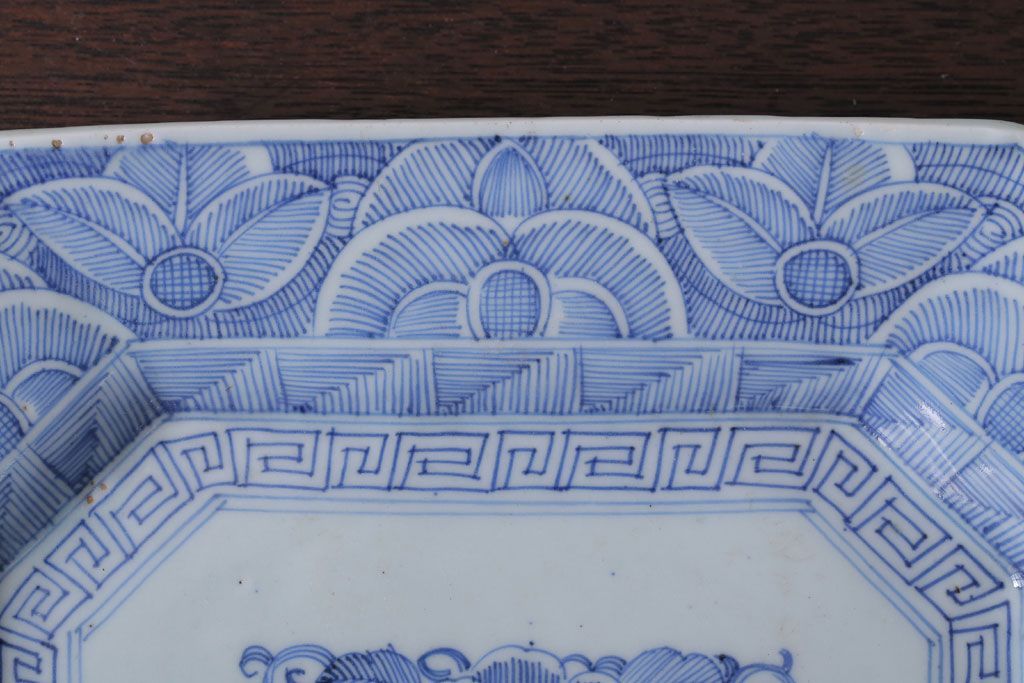 アンティーク雑貨　古民具・骨董　江戸〜明治　線描き染付八角皿