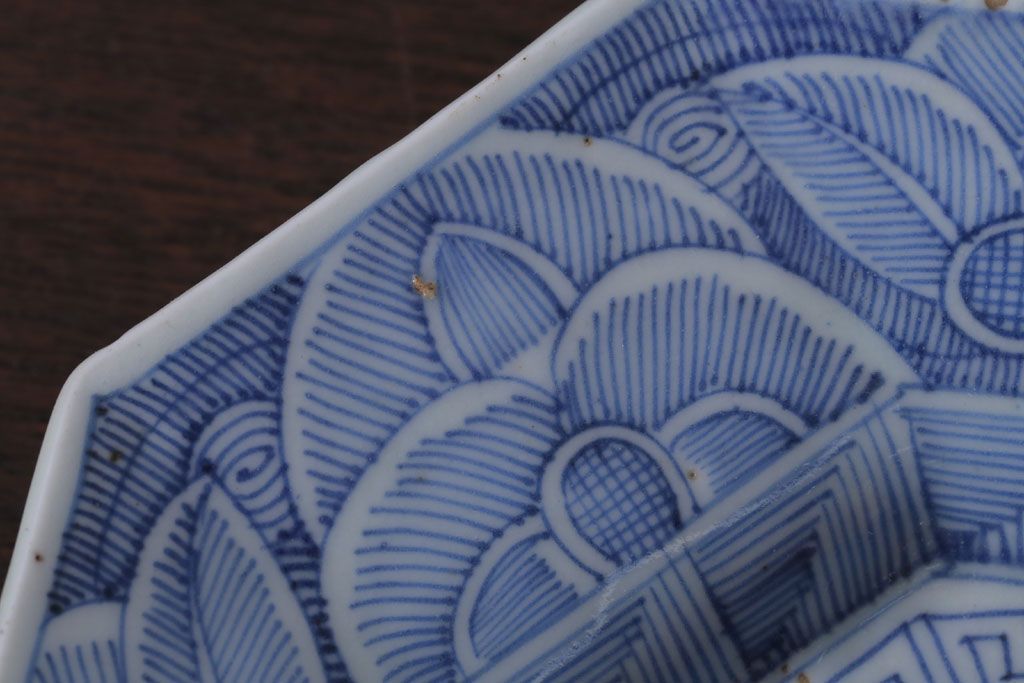 アンティーク雑貨　古民具・骨董　江戸〜明治　線描き染付八角皿