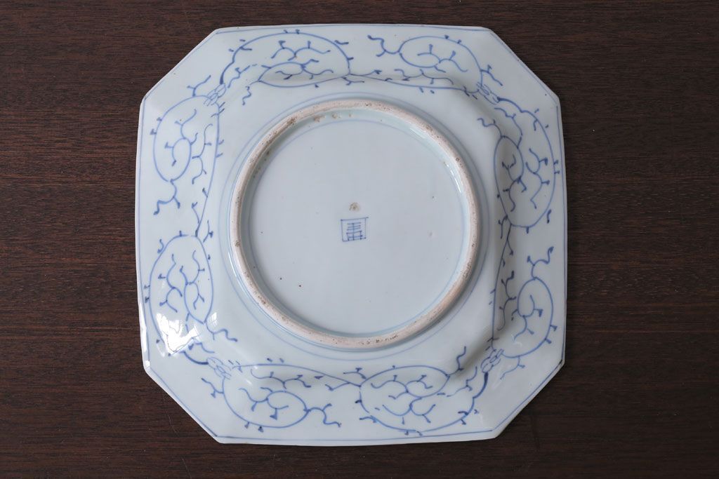 アンティーク雑貨　古民具・骨董　江戸〜明治　線描き染付八角皿