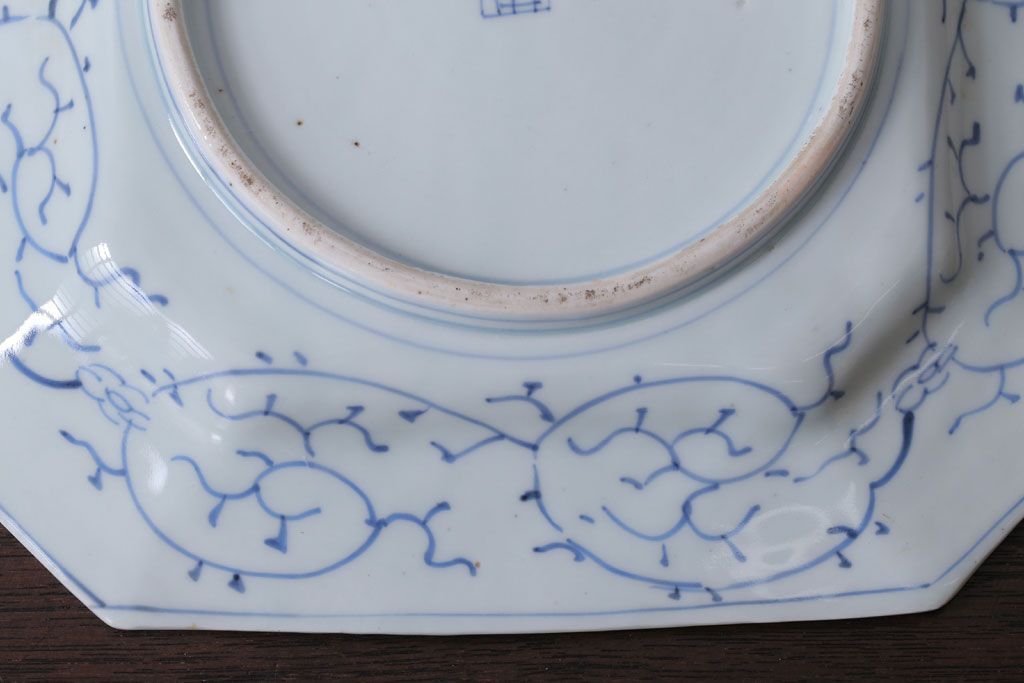 アンティーク雑貨　古民具・骨董　江戸〜明治　線描き染付八角皿