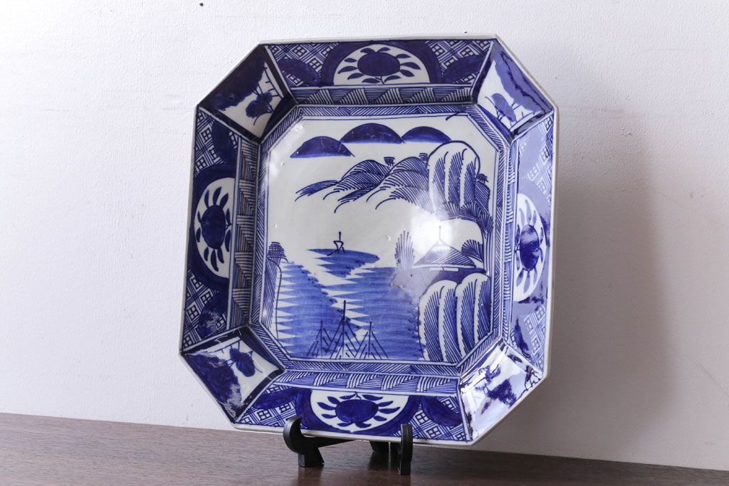 アンティーク雑貨　古民具・骨董　明治期!染付八角皿(伊万里)