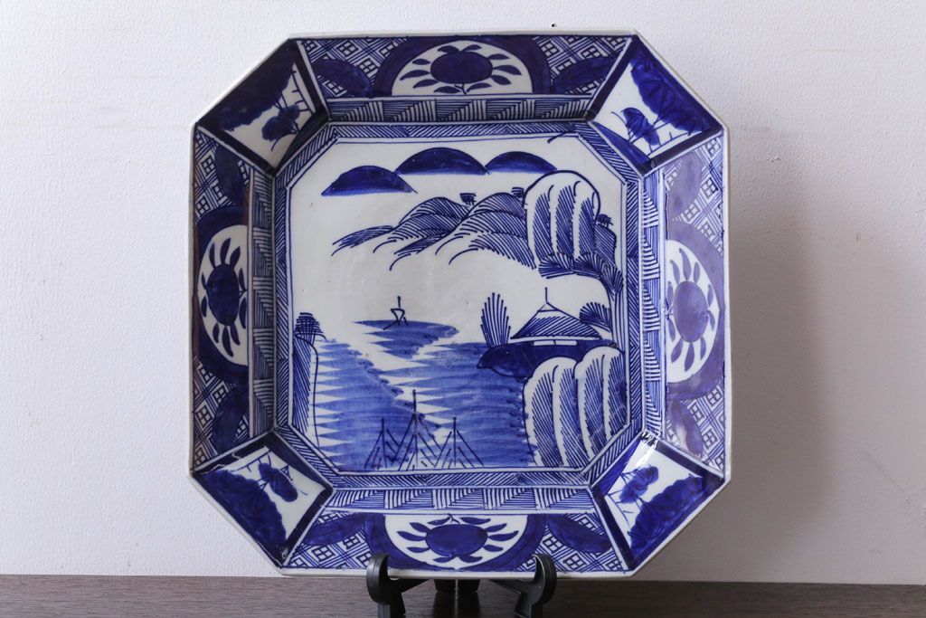 アンティーク雑貨　古民具・骨董　明治期!染付八角皿(伊万里)