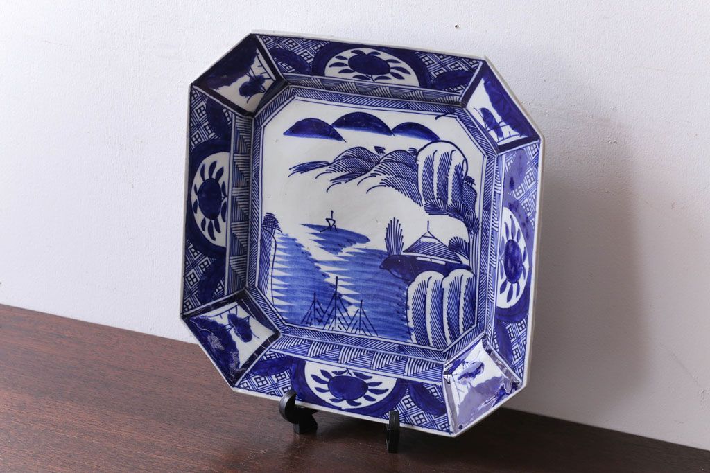 アンティーク雑貨　古民具・骨董　明治期!染付八角皿(伊万里)