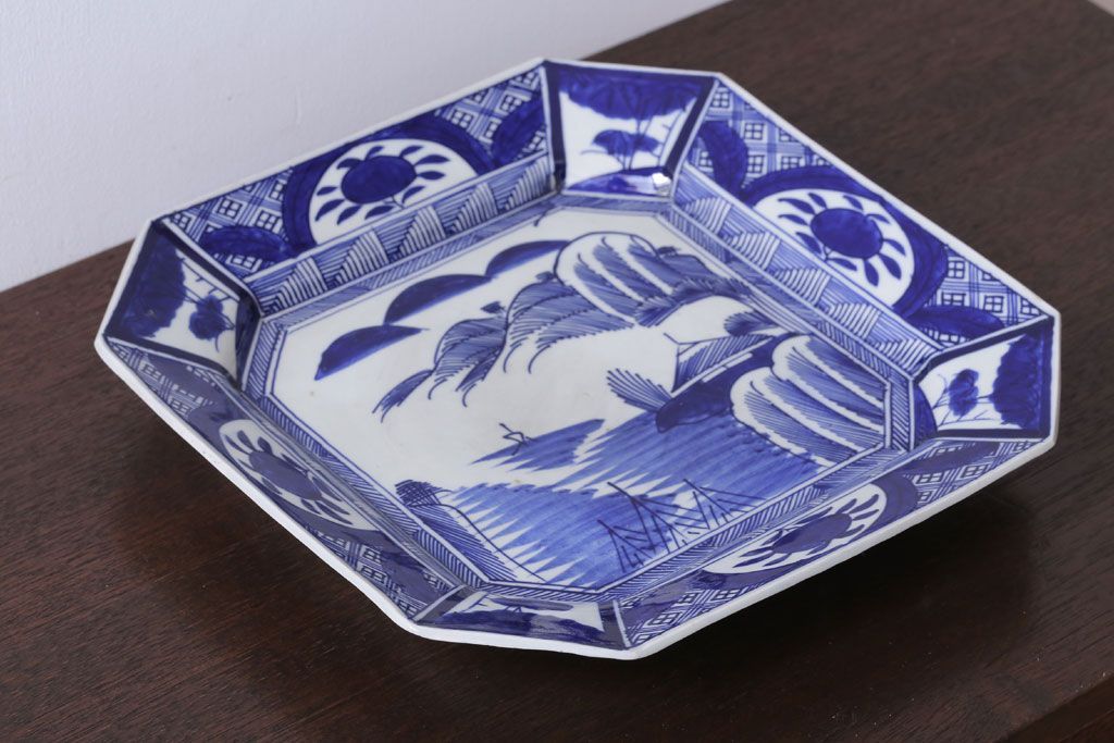 アンティーク雑貨　古民具・骨董　明治期!染付八角皿(伊万里)