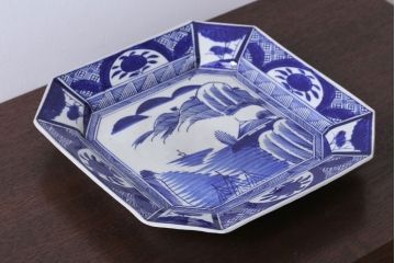アンティーク雑貨　古民具・骨董　明治期!染付八角皿(伊万里)