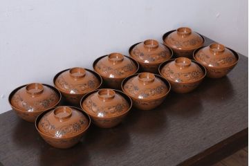 アンティーク雑貨　大正四年　蒔絵の美しい木製お椀10客(漆器)