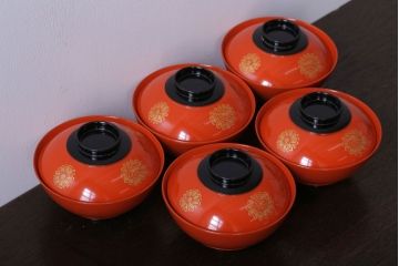 アンティーク　沈金蒔絵木製椀5客セット