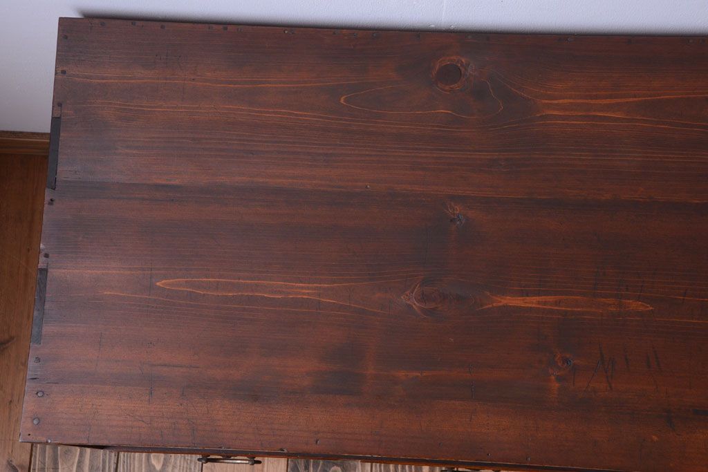 アンティーク家具　アンティーク　気泡ガラス引き戸の鉄脚ローボード