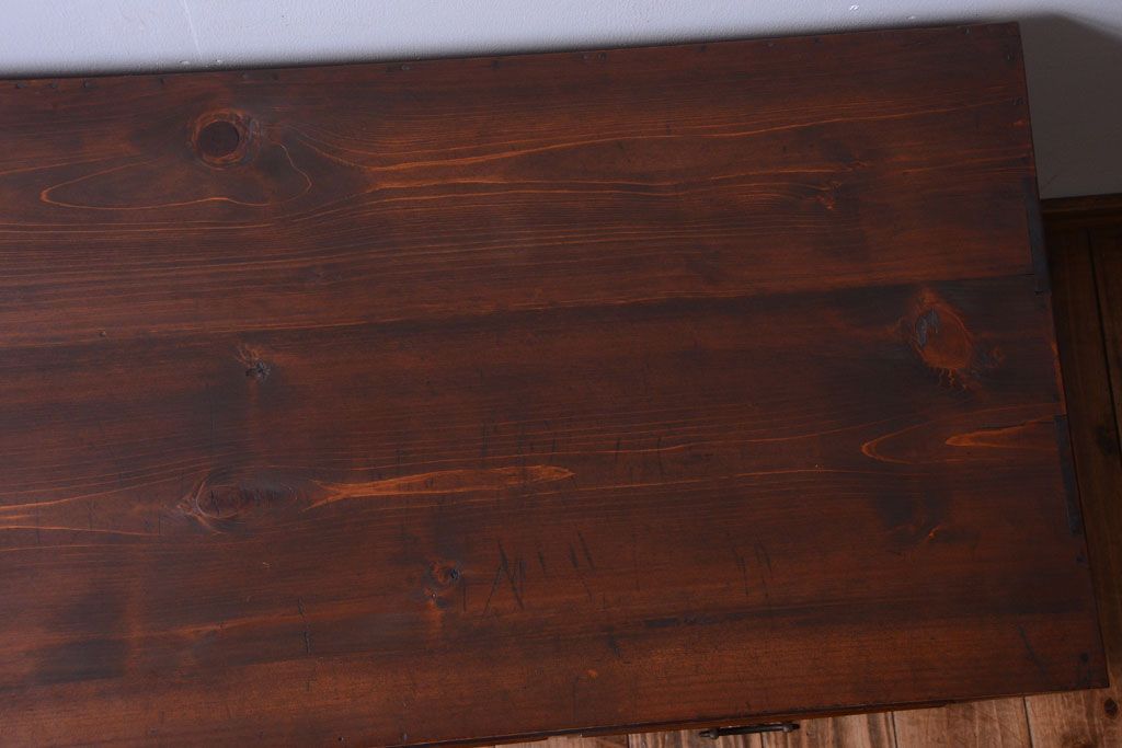 アンティーク家具　アンティーク　気泡ガラス引き戸の鉄脚ローボード