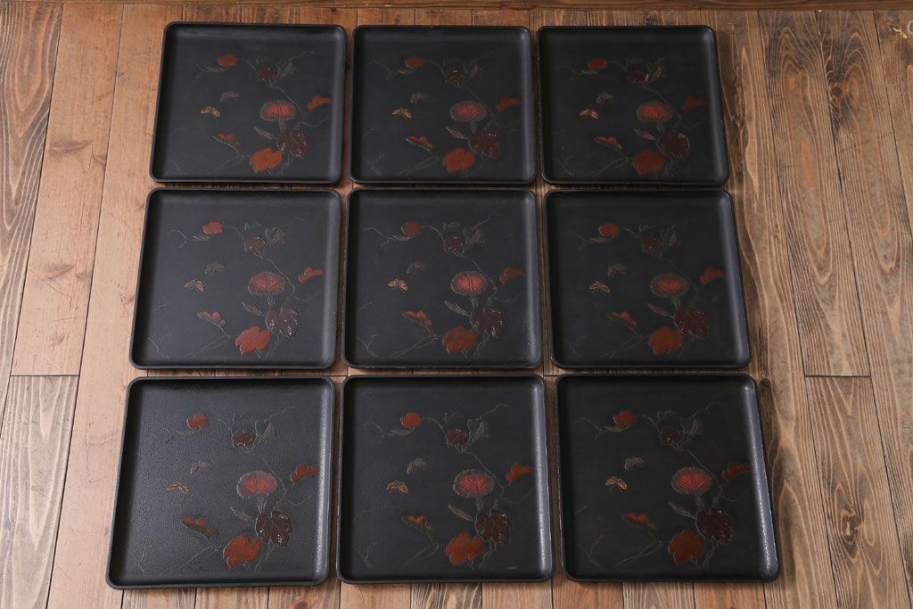 アンティーク雑貨　古民具・骨董　明治期　石目塗蒔絵膳9客