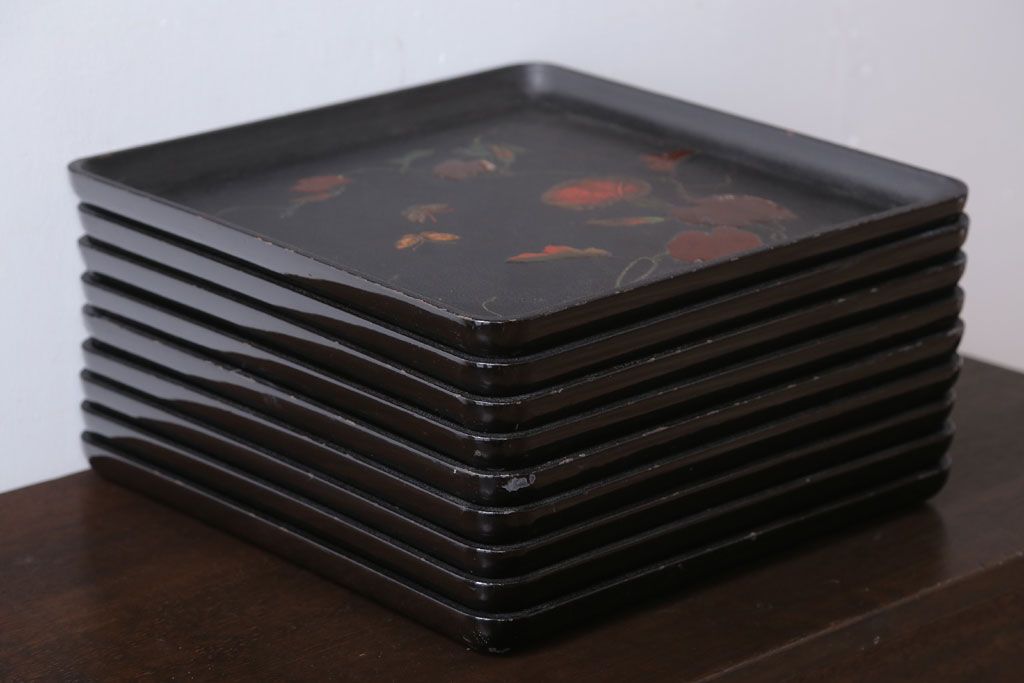 アンティーク雑貨　古民具・骨董　明治期　石目塗蒔絵膳9客