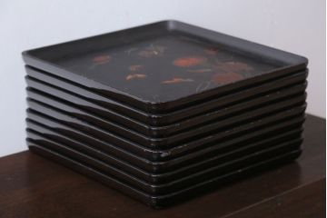 アンティーク雑貨　古民具・骨董　明治期　石目塗蒔絵膳9客