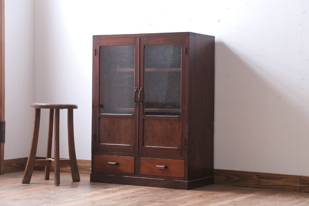 アンティーク家具　和製アンティーク　気泡ガラス入り!古い木製のブックケース(本箱)