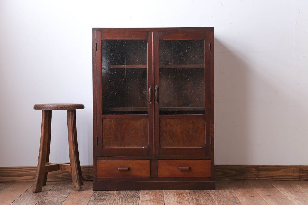 アンティーク家具　和製アンティーク　気泡ガラス入り!古い木製のブックケース(本箱)