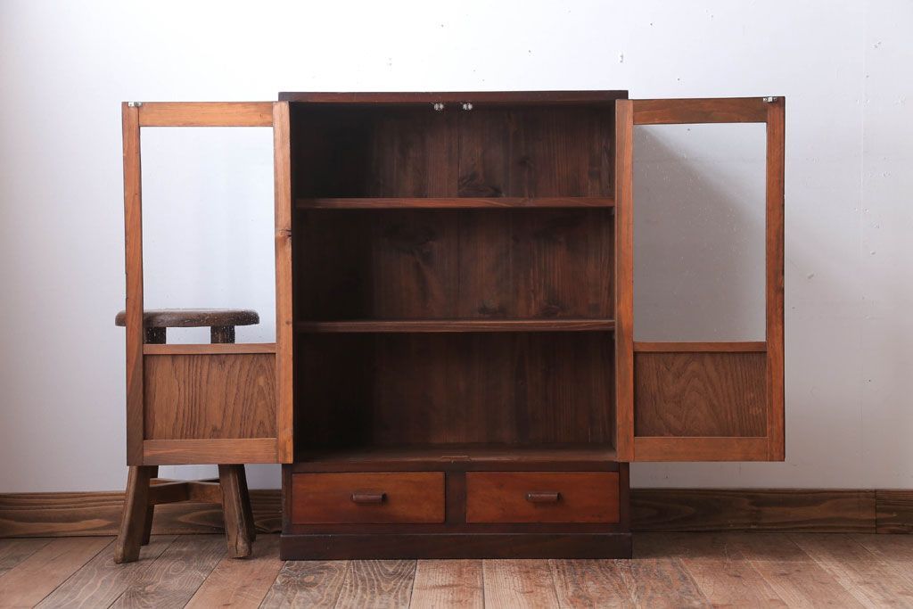 アンティーク家具　和製アンティーク　気泡ガラス入り!古い木製のブックケース(本箱)