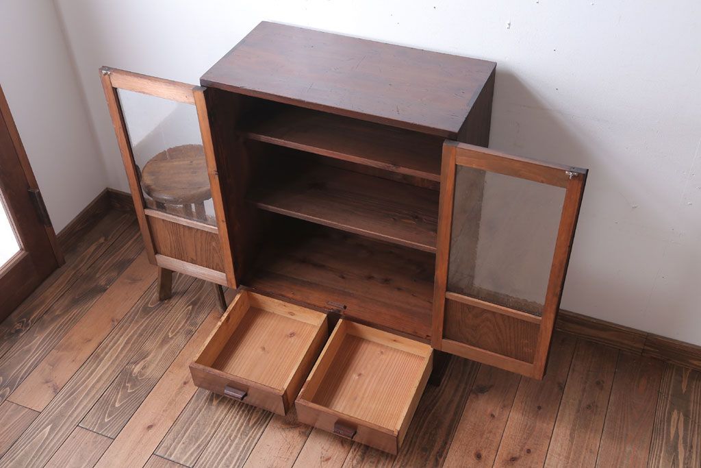 アンティーク家具　和製アンティーク　気泡ガラス入り!古い木製のブックケース(本箱)