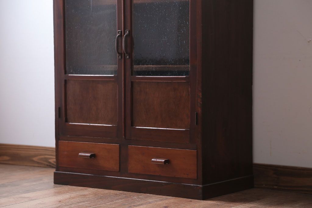 アンティーク家具　和製アンティーク　気泡ガラス入り!古い木製のブックケース(本箱)