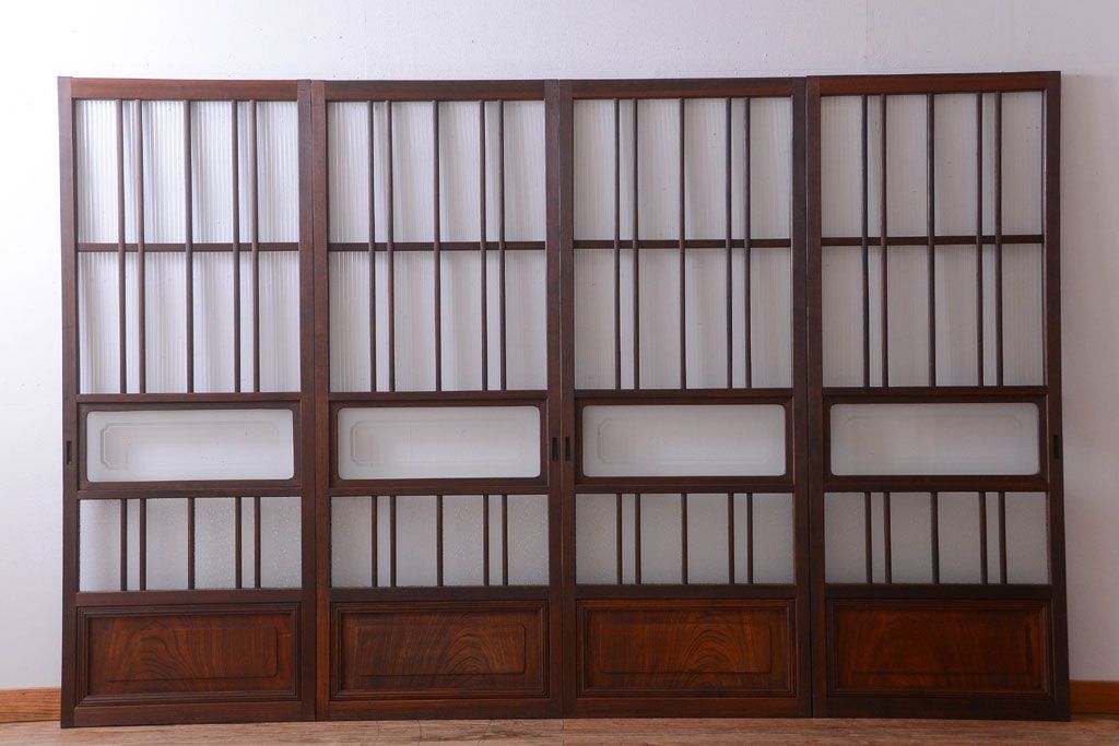 和製アンティーク　腰板欅材!上質な高級ガラス戸4枚セット