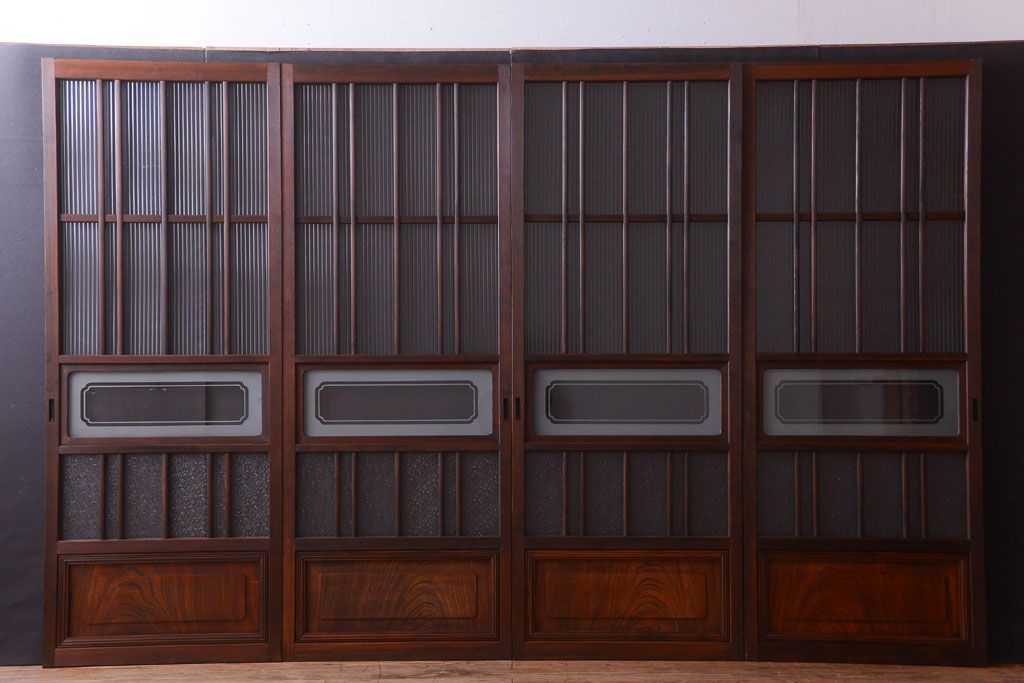 和製アンティーク　腰板欅材!上質な高級ガラス戸4枚セット