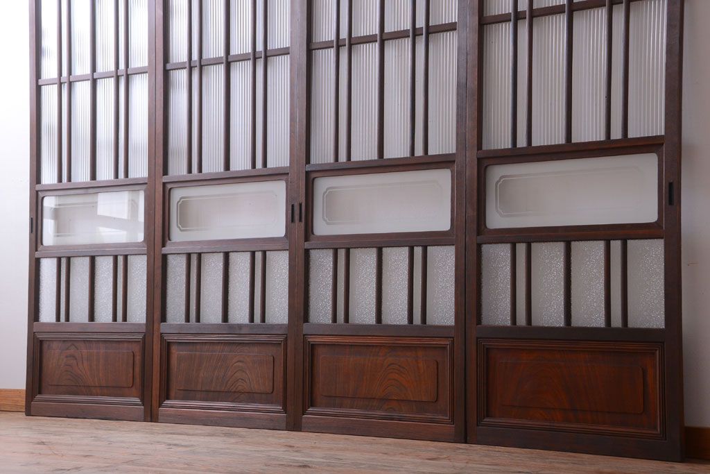 和製アンティーク　腰板欅材!上質な高級ガラス戸4枚セット