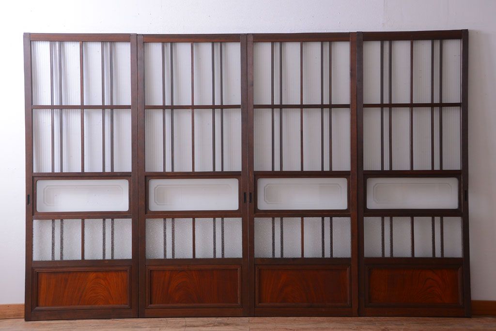 和製アンティーク　腰板欅材!上質な高級ガラス戸4枚セット