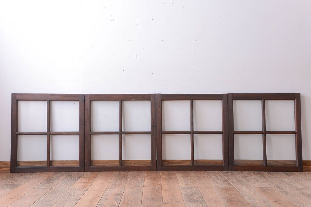 和製アンティーク　古い木のシンプルなガラス戸4枚セット(窓)