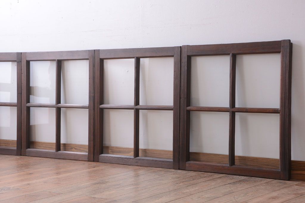 和製アンティーク　古い木のシンプルなガラス戸4枚セット(窓)