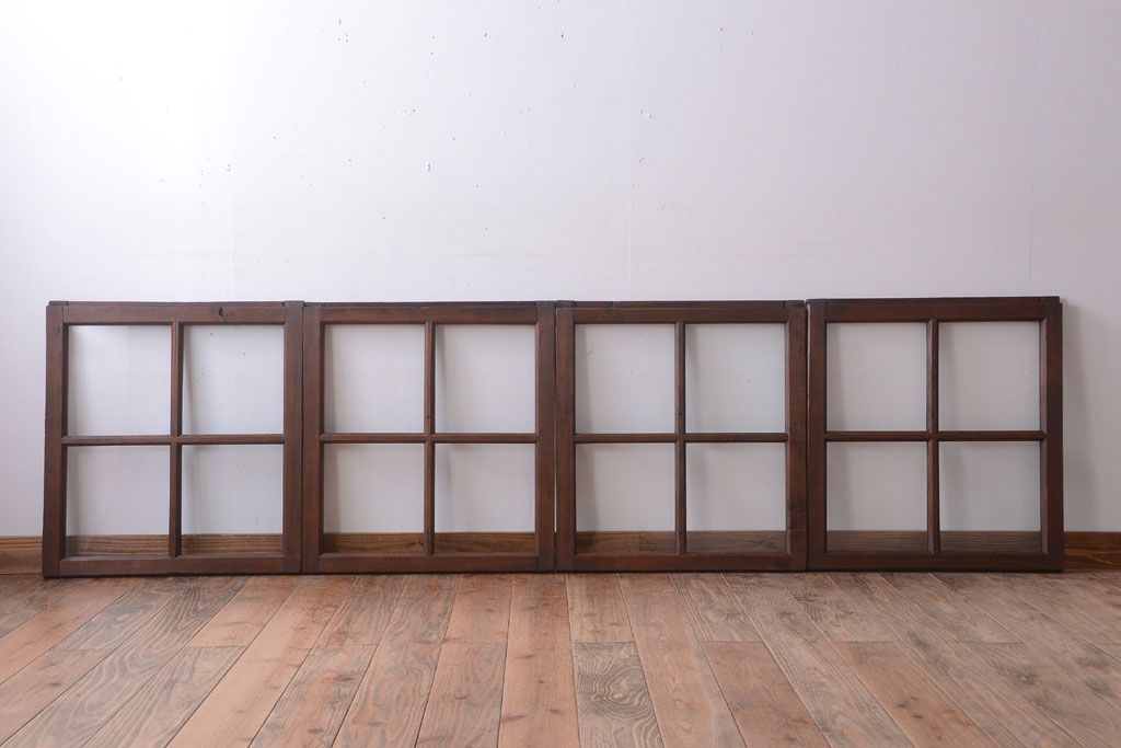 和製アンティーク　古い木のシンプルなガラス戸4枚セット(窓)