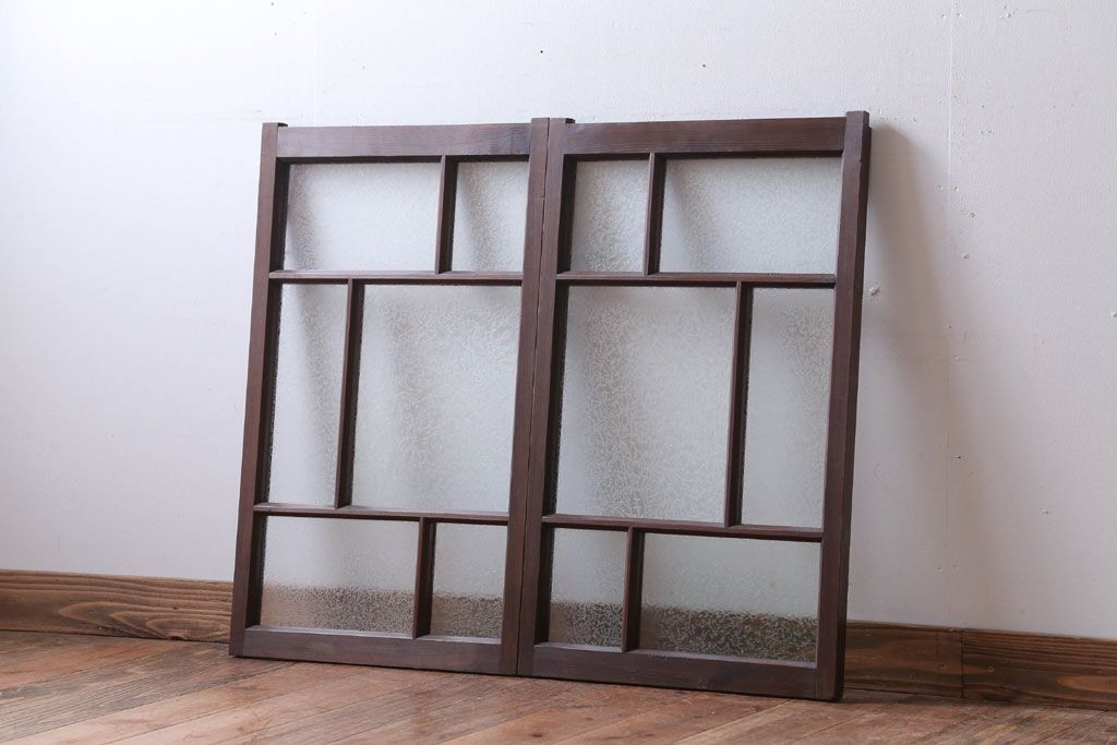 和製アンティーク　結霜ガラス入り!モダンなガラス戸2枚セット(窓)