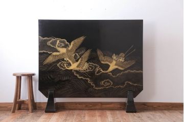 アンティーク雑貨　高級品　輪島塗沈金作家川端光峰作　鶴沈金蒔絵衝立(定価約200万円)