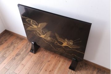 アンティーク雑貨　高級品　輪島塗沈金作家川端光峰作　鶴沈金蒔絵衝立(定価約200万円)