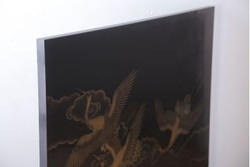 アンティーク雑貨　高級品　輪島塗沈金作家川端光峰作　鶴沈金蒔絵衝立(定価約200万円)