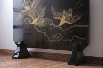 アンティーク雑貨　高級品　輪島塗沈金作家川端光峰作　鶴沈金蒔絵衝立(定価約200万円)