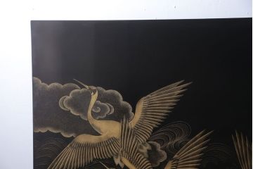 アンティーク雑貨　高級品　輪島塗沈金作家川端光峰作　鶴沈金蒔絵衝立(定価約200万円)