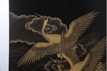 アンティーク雑貨　高級品　輪島塗沈金作家川端光峰作　鶴沈金蒔絵衝立(定価約200万円)