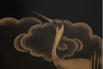 アンティーク雑貨　高級品　輪島塗沈金作家川端光峰作　鶴沈金蒔絵衝立(定価約200万円)