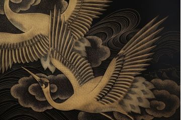 アンティーク雑貨　高級品　輪島塗沈金作家川端光峰作　鶴沈金蒔絵衝立(定価約200万円)