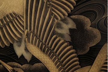 アンティーク雑貨　高級品　輪島塗沈金作家川端光峰作　鶴沈金蒔絵衝立(定価約200万円)