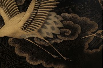 アンティーク雑貨　高級品　輪島塗沈金作家川端光峰作　鶴沈金蒔絵衝立(定価約200万円)