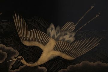 アンティーク雑貨　高級品　輪島塗沈金作家川端光峰作　鶴沈金蒔絵衝立(定価約200万円)