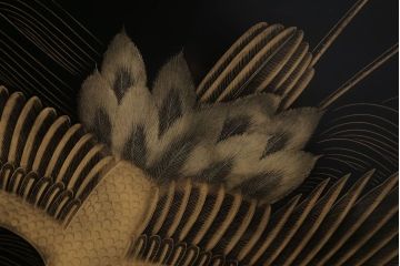 アンティーク雑貨　高級品　輪島塗沈金作家川端光峰作　鶴沈金蒔絵衝立(定価約200万円)