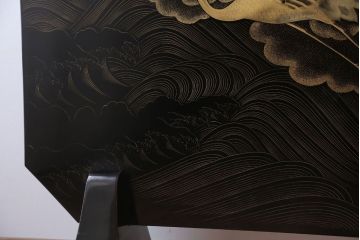 アンティーク雑貨　高級品　輪島塗沈金作家川端光峰作　鶴沈金蒔絵衝立(定価約200万円)