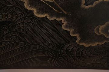 アンティーク雑貨　高級品　輪島塗沈金作家川端光峰作　鶴沈金蒔絵衝立(定価約200万円)