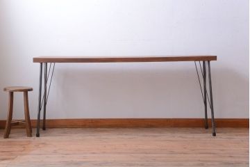 アンティーク家具　アンティーク　天板一枚板!シンプルな横長鉄脚テーブル(3)