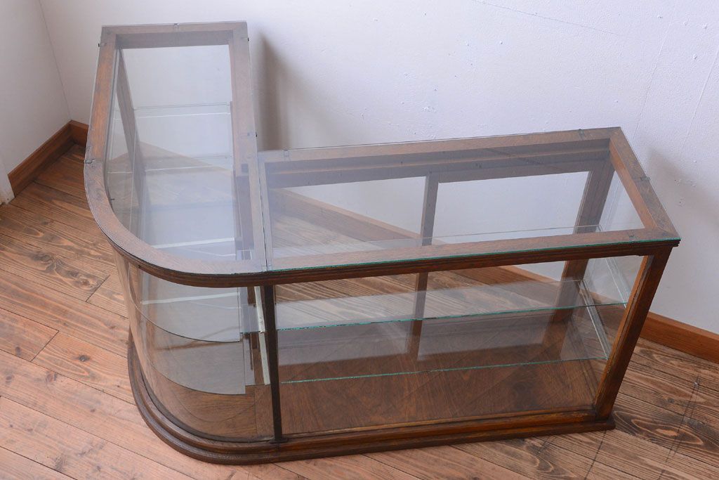 アンティーク家具　和製アンティーク　曲げガラスの古い木製ショーケース