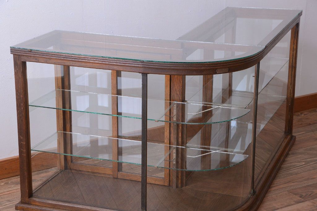 アンティーク家具　和製アンティーク　曲げガラスの古い木製ショーケース