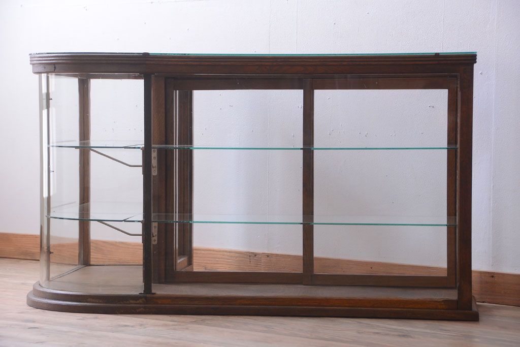 アンティーク家具　和製アンティーク　曲げガラスの古い木製ショーケース