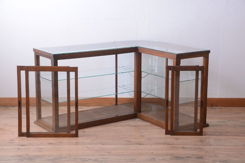 アンティーク家具　和製アンティーク　曲げガラスの古い木製ショーケース