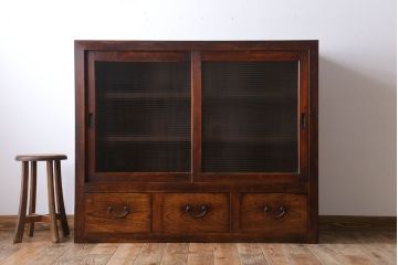 アンティーク家具　和製アンティーク　モールガラス入り!古い木製のシンプルな収納棚