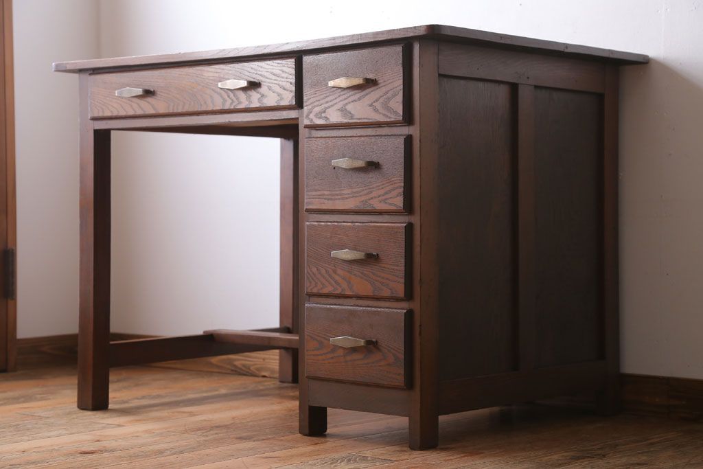 アンティーク家具　和製アンティーク　古いナラ材のおしゃれな片袖机(デスク)